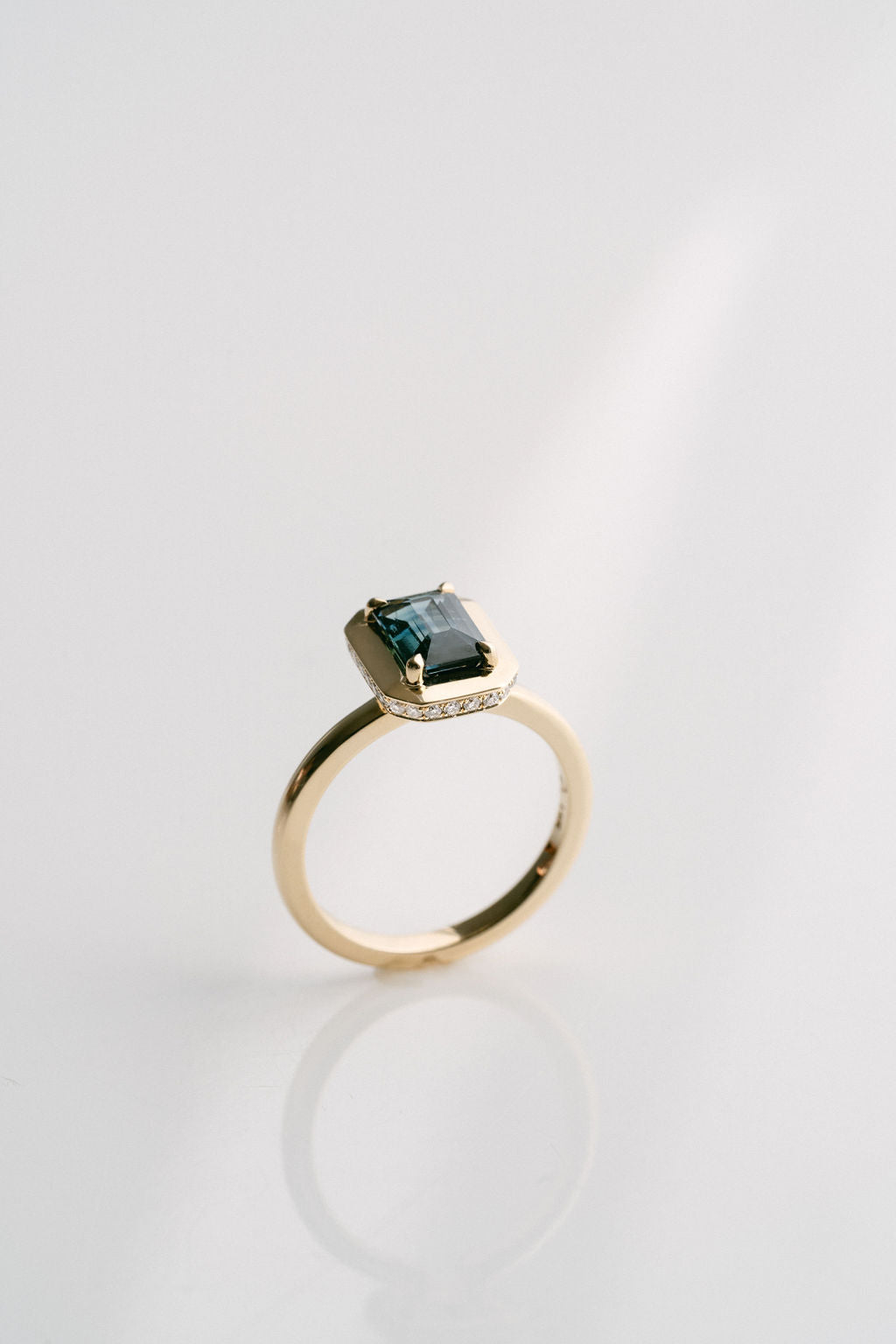 Emerald Cut Blue-Green Sapphire With Solid Gold Halo and Diamond Collar, 14k Yellow Gold