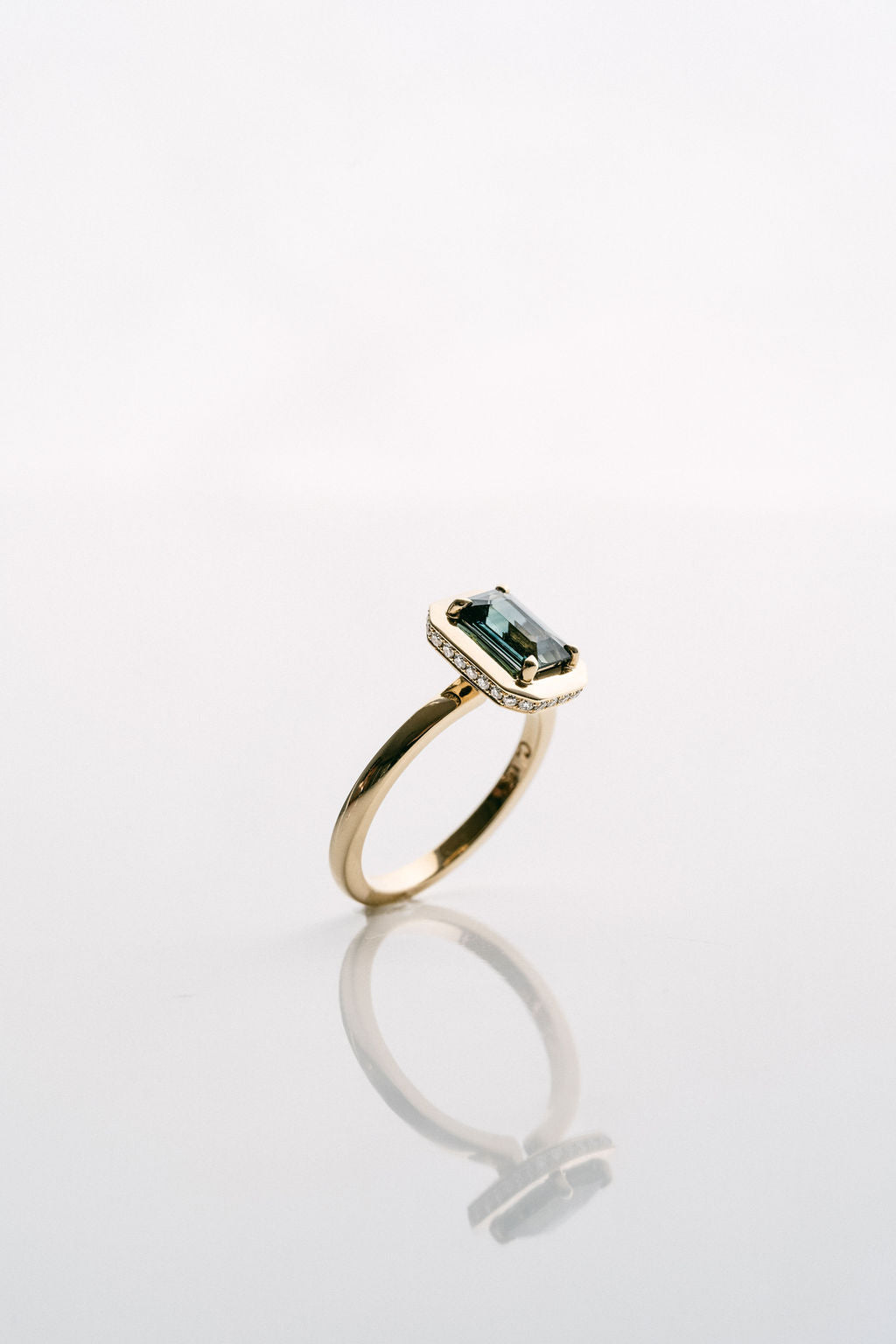 Emerald Cut Blue-Green Sapphire With Solid Gold Halo and Diamond Collar, 14k Yellow Gold