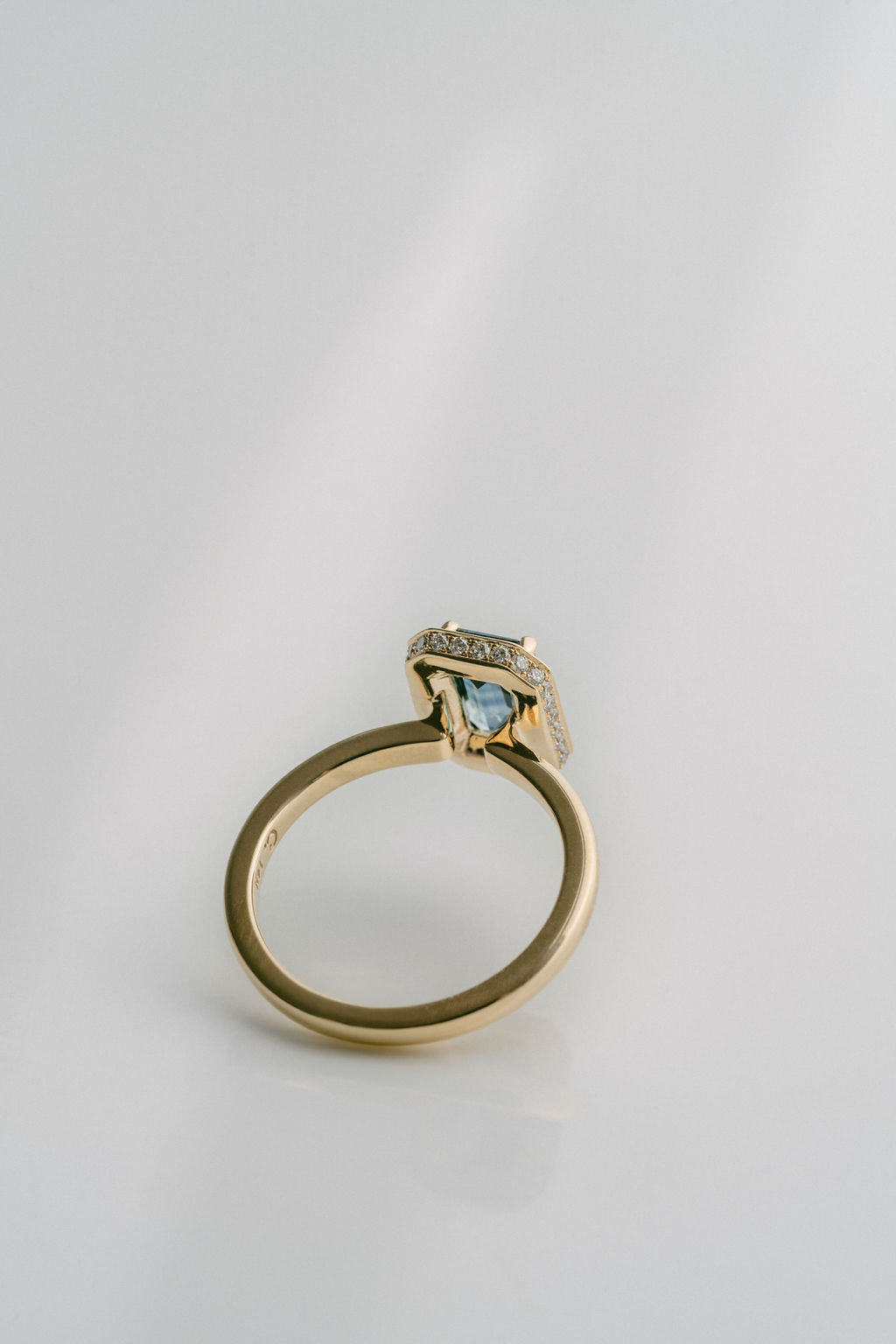 Emerald Cut Blue-Green Sapphire With Solid Gold Halo and Diamond Collar, 14k Yellow Gold