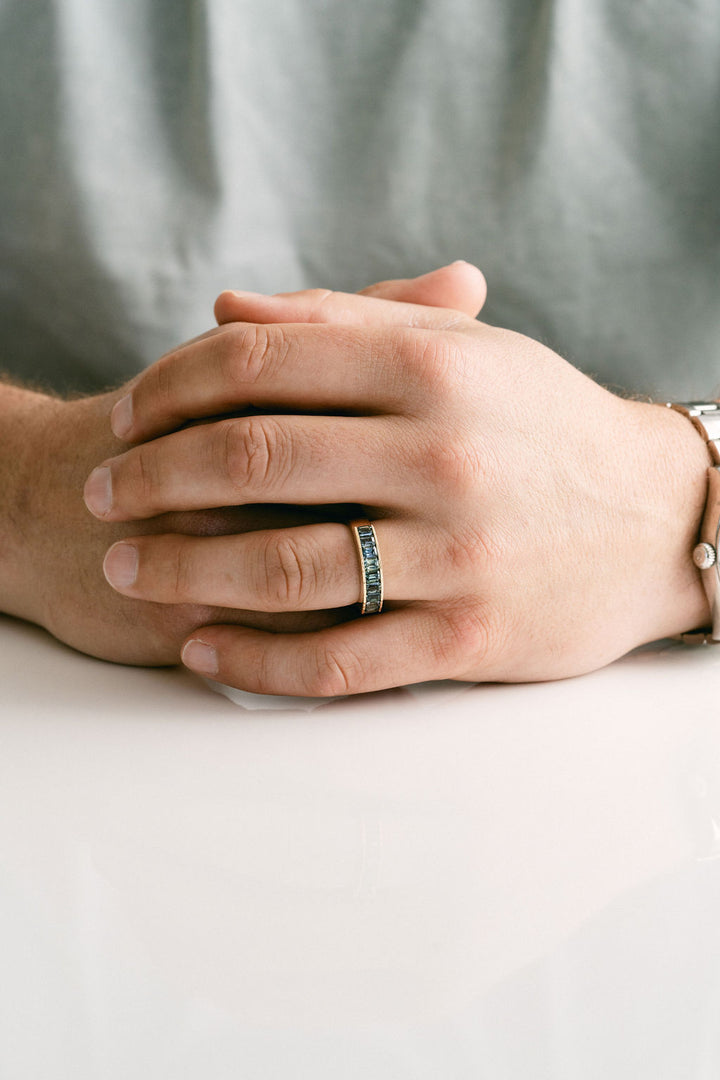 Emerald Cut Blue-Green Sapphire Channel Set Mens Band