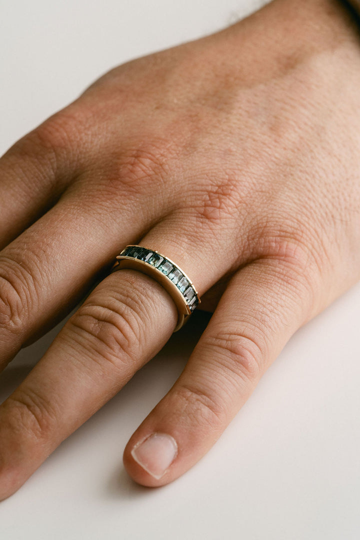 Emerald Cut Blue-Green Sapphire Channel Set Mens Band