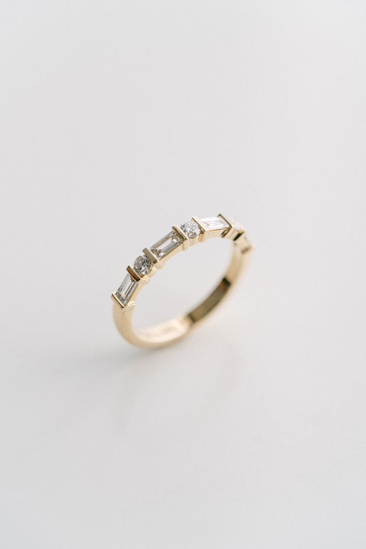Baguette Cut & Round Cut Diamonds Alternating Bar Wedding Band, 14k Yellow Gold