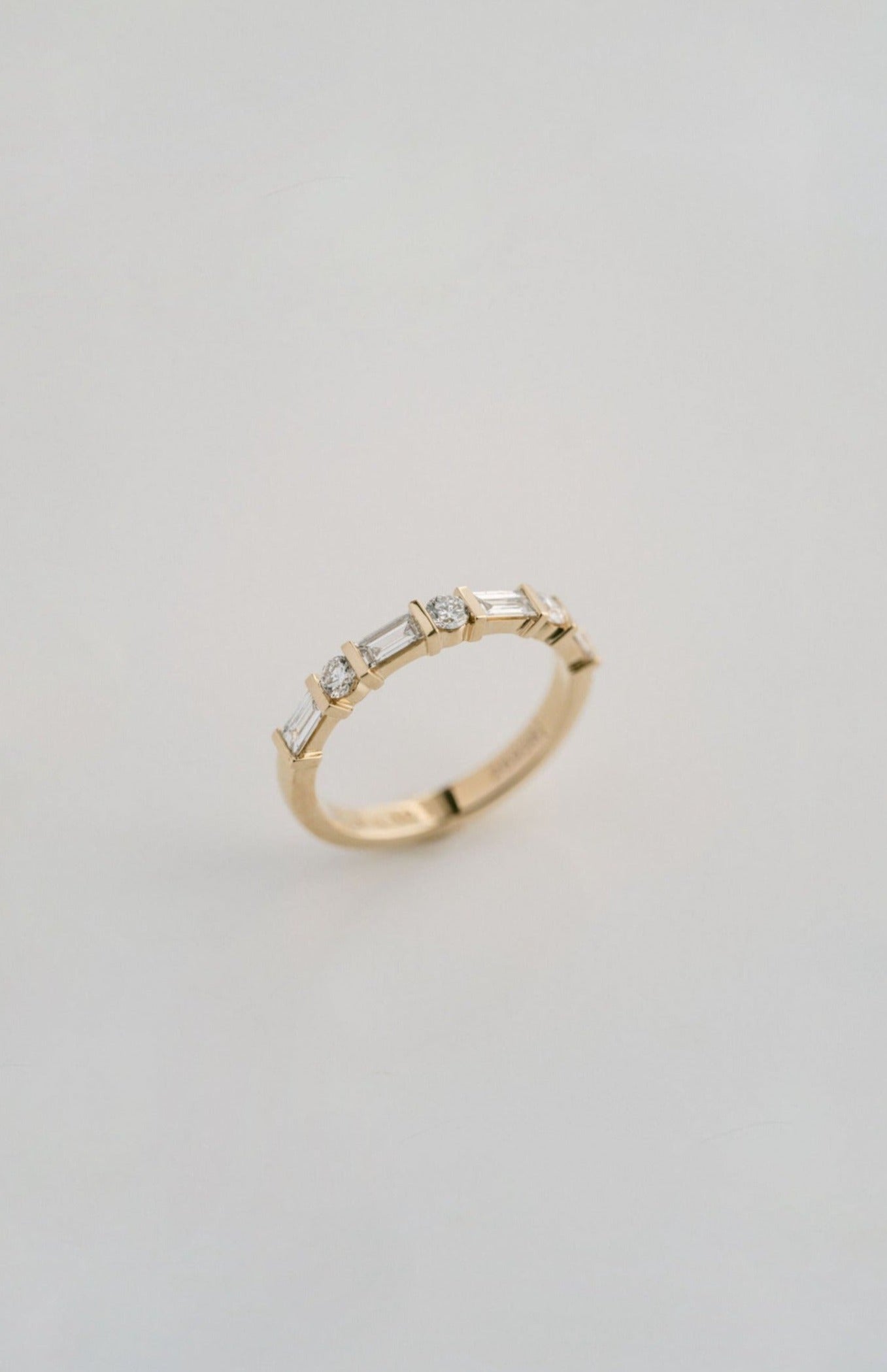 Baguette Cut & Round Cut Diamonds Alternating Bar Wedding Band, 14k Yellow Gold
