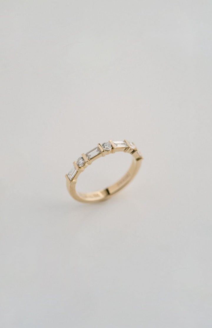 Baguette Cut & Round Cut Diamonds Alternating Bar Wedding Band, 14k Yellow Gold