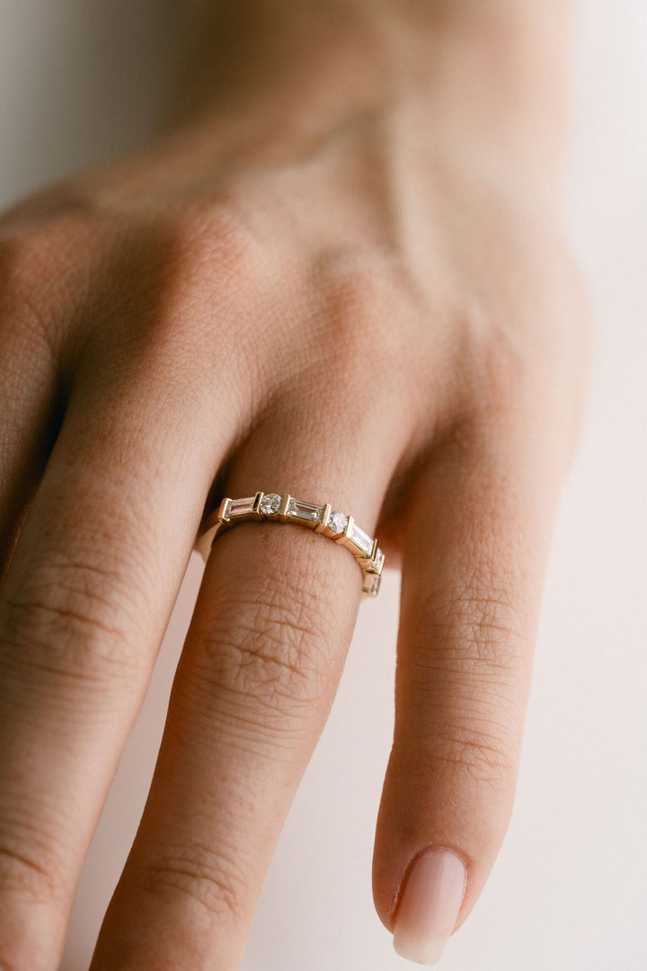 Baguette Cut & Round Cut Diamonds Alternating Bar Wedding Band, 14k Yellow Gold