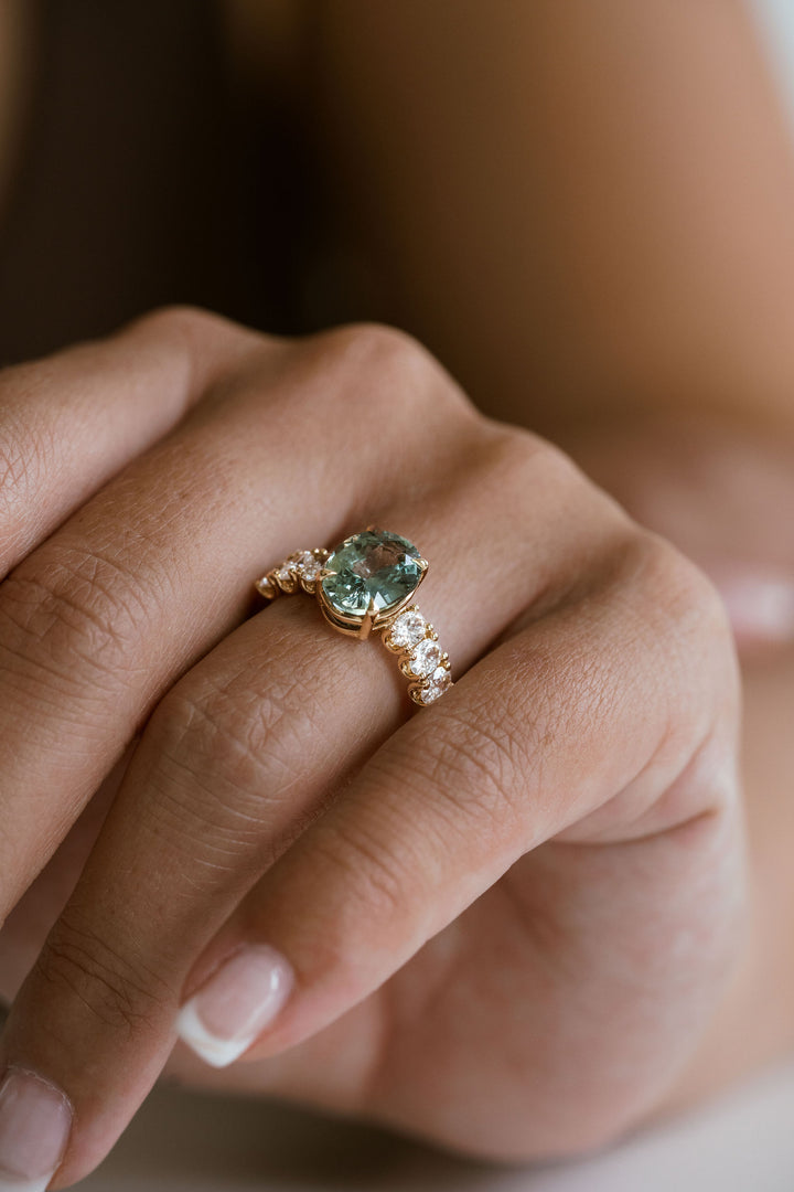 Oval Green Sapphire Low-Set Dahlia Ring