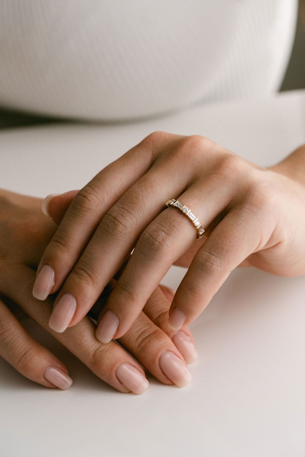 Baguette Cut & Round Cut Diamonds Alternating Bar Wedding Band, 14k Yellow Gold