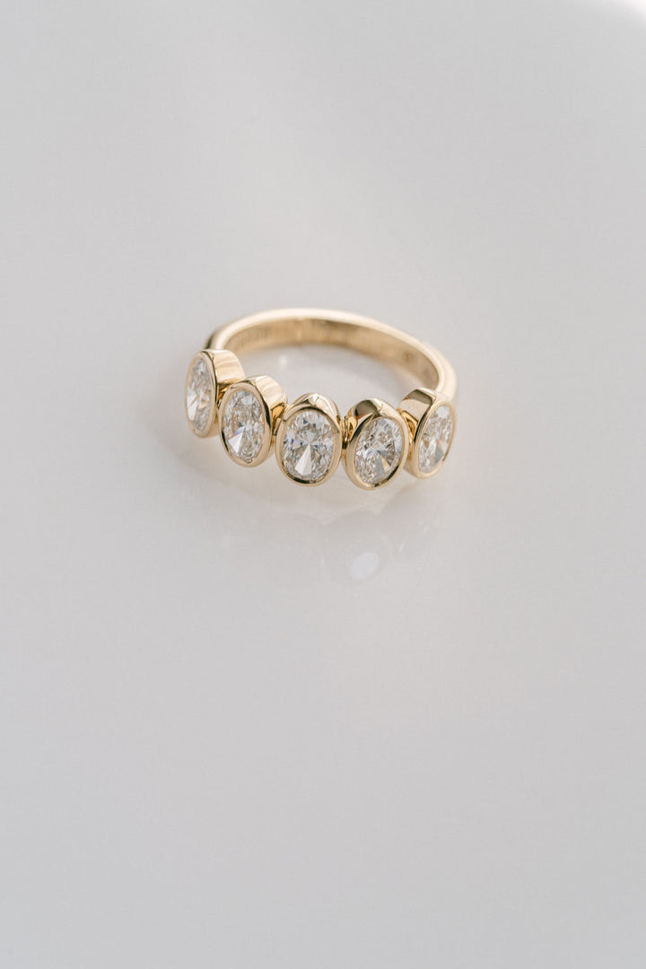5 stone Oval Diamond Bezel Band, 14k Yellow Gold