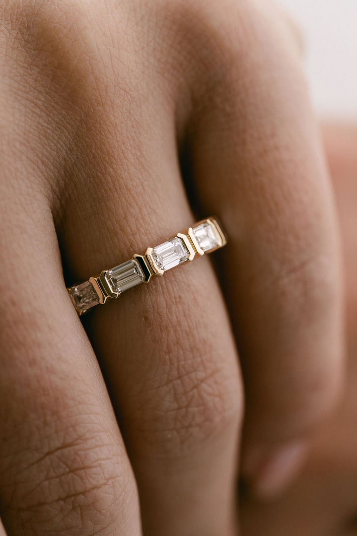 Emerald Cut Diamond East-West Half Bezel Band, 14k Yellow Gold