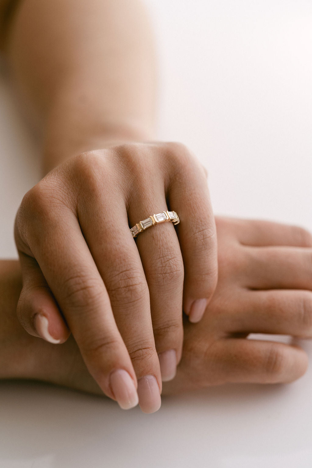 Emerald Cut Diamond East-West Half Bezel Band, 14k Yellow Gold