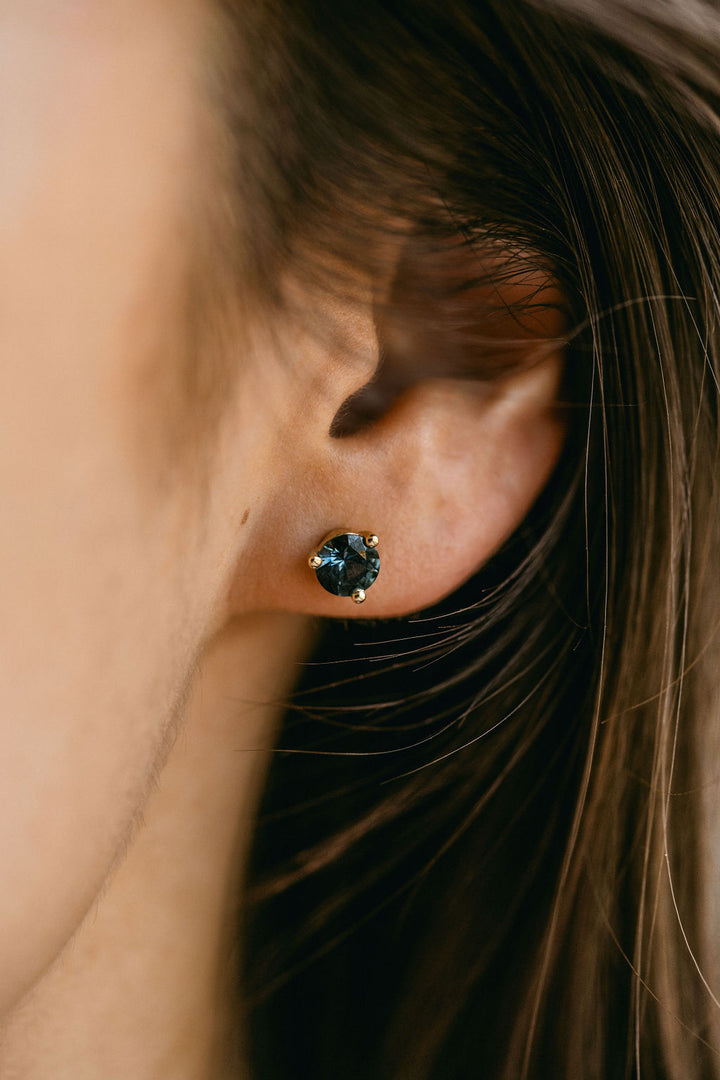 Round Blue-Green Sri Lankan Sapphire Studs, 14k Yellow Gold