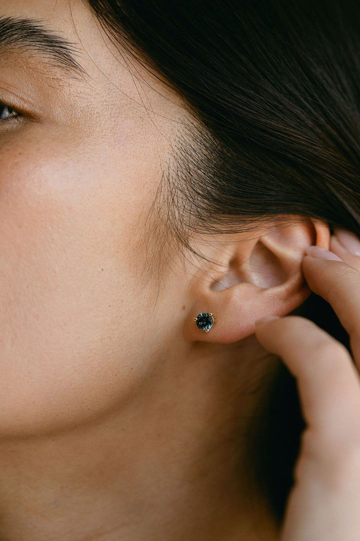 Round Blue-Green Sri Lankan Sapphire Studs, 14k Yellow Gold