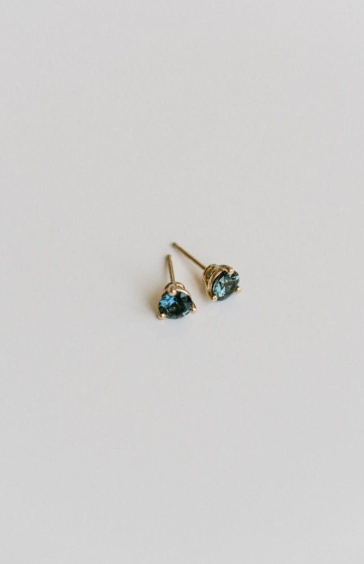 Round Blue-Green Sri Lankan Sapphire Studs, 14k Yellow Gold