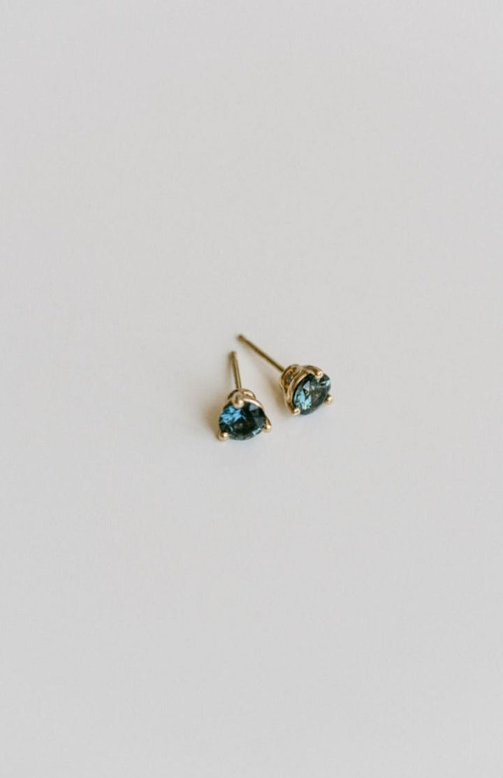 Round Blue-Green Sri Lankan Sapphire Studs, 14k Yellow Gold