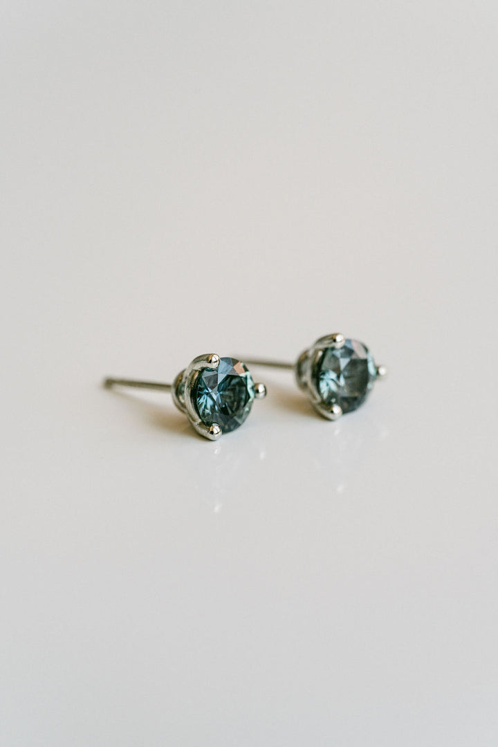 Round Blue-Green Sri Lankan Sapphire Studs, 14k Yellow Gold