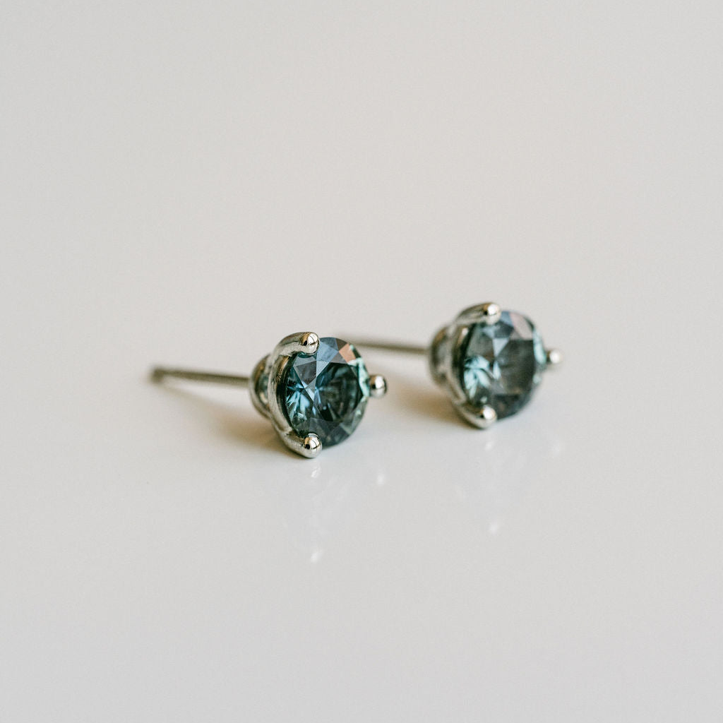 Round Blue-Green Sapphire Studs