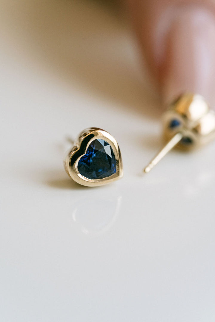Heart Shape Blue Sri Lankan Sapphire Bezel Studs, 14k Yellow Gold 14k White Gold