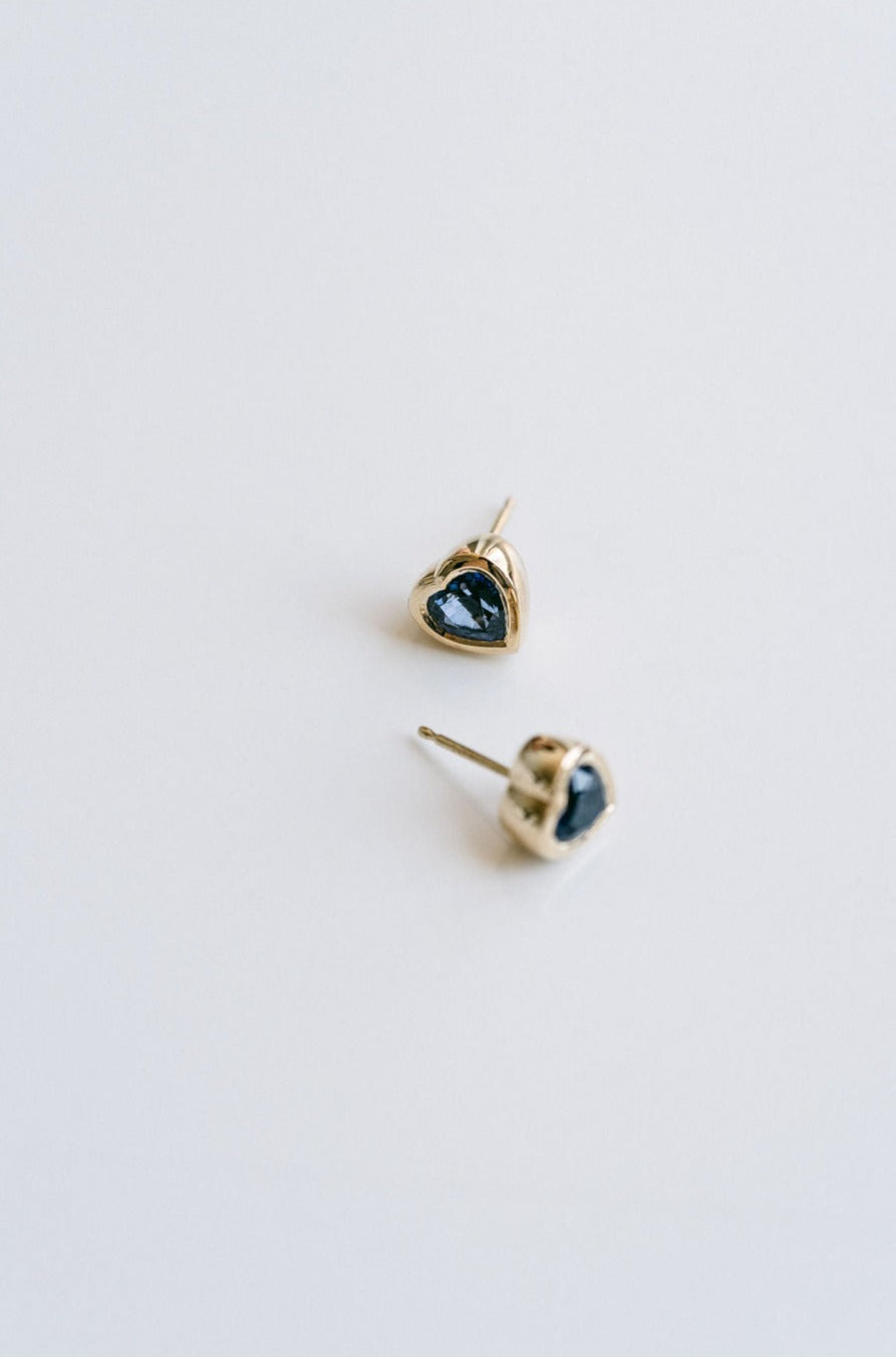 Heart Shape Blue Sri Lankan Sapphire Bezel Studs, 14k Yellow Gold 14k White Gold