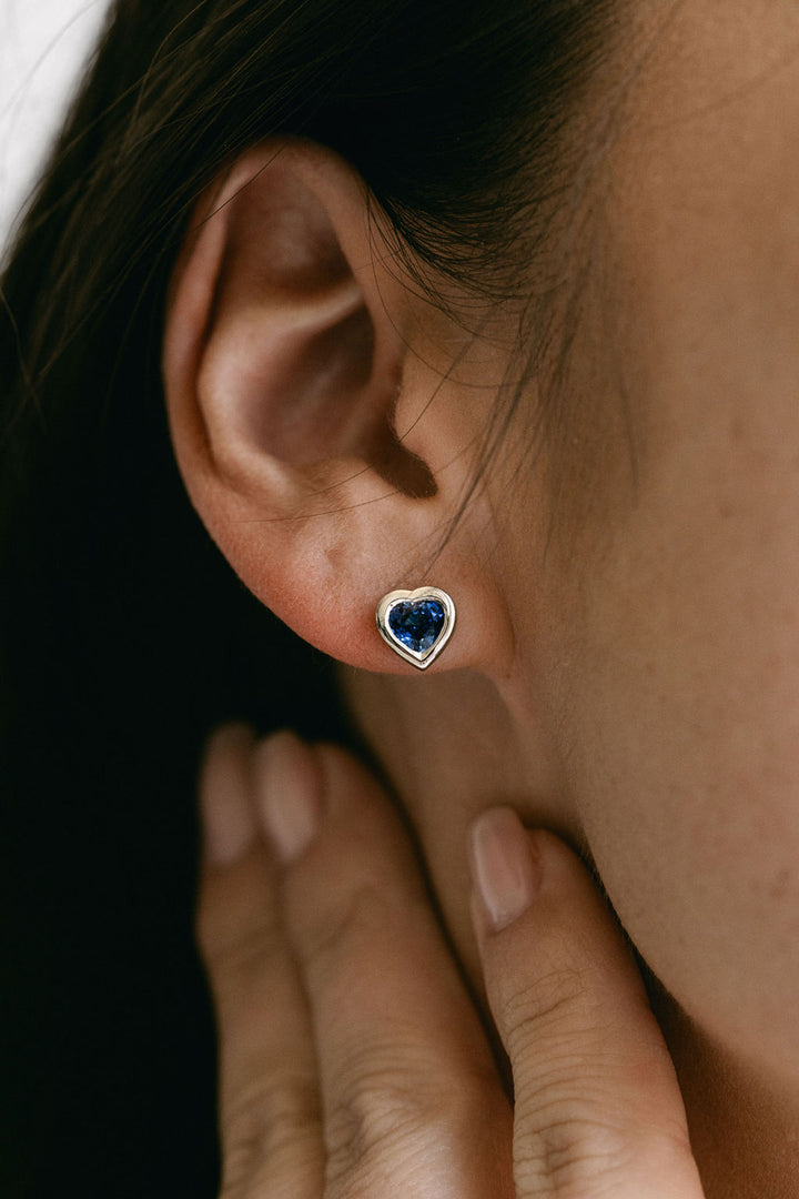Heart Shape Blue Sri Lankan Sapphire Bezel Studs, 14k Yellow Gold 14k White Gold