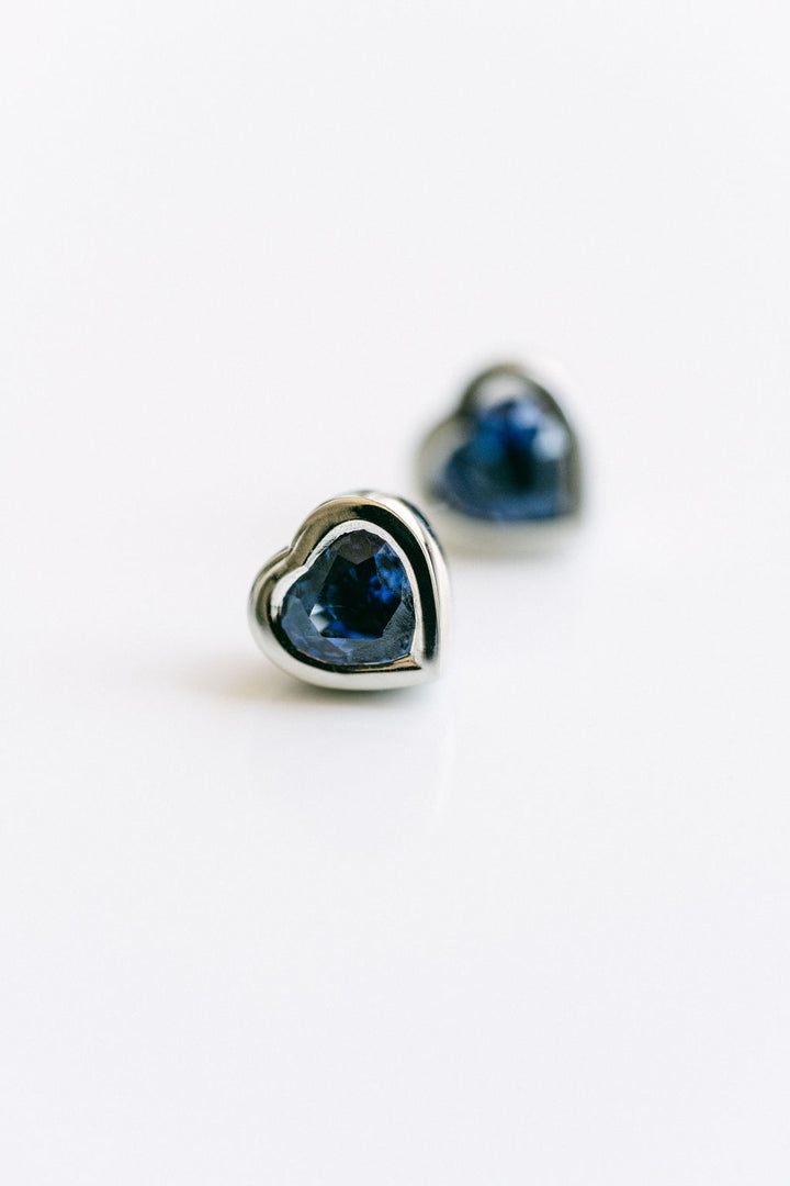 Heart Shape Blue Sri Lankan Sapphire Bezel Studs, 14k Yellow Gold 14k White Gold
