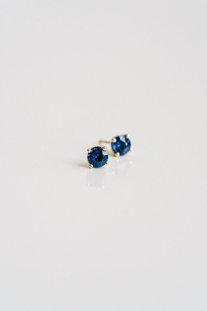Round Blue Sri Lankan Sapphire Studs, 14k Yellow Gold 