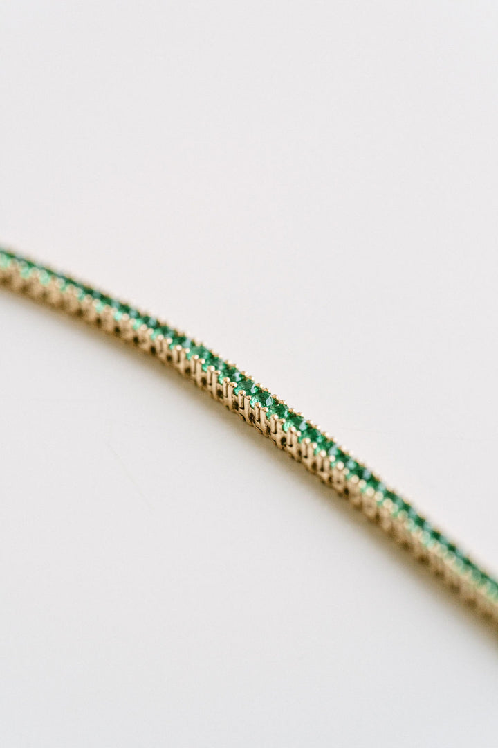 Round Colombian Emerald Tennis Necklace, 14k Yellow Gold