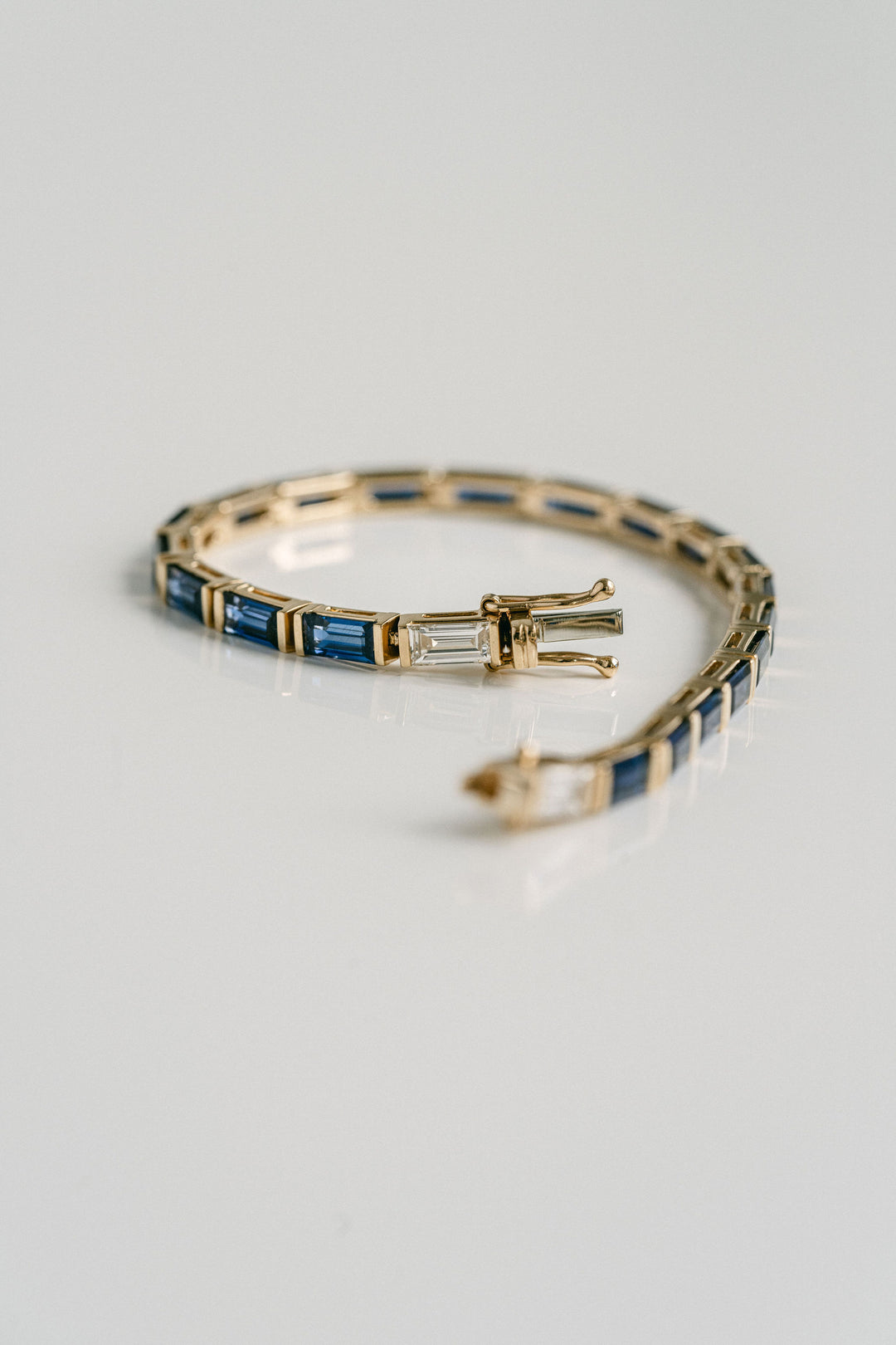 Baguette Blue Sapphire Bar Set Tennis Bracelet With Diamonds, 14k Yellow Gold