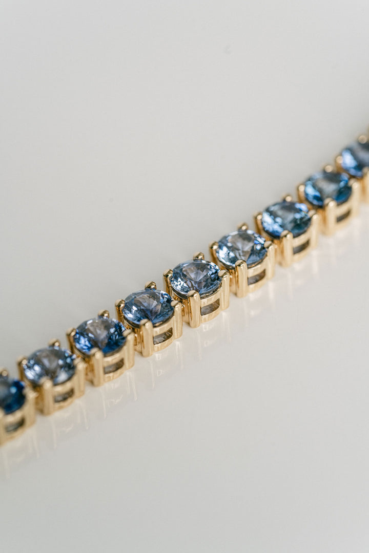Round Blue Sapphire Tennis Bracelet, 14k Yellow Gold