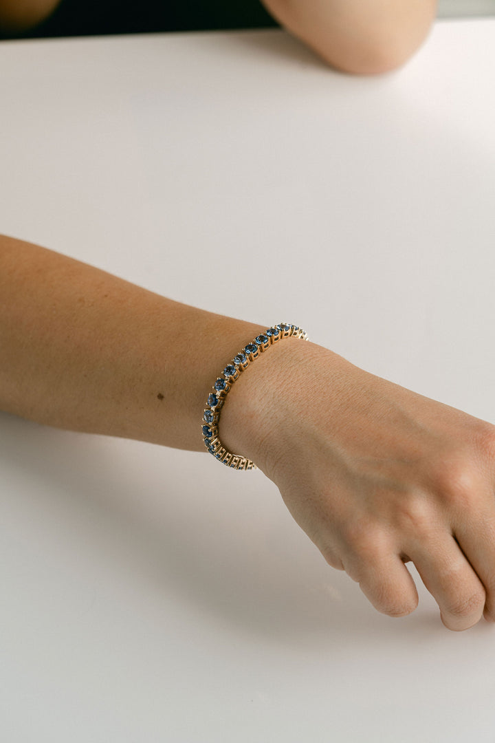 Round Blue Sapphire Tennis Bracelet, 14k Yellow Gold
