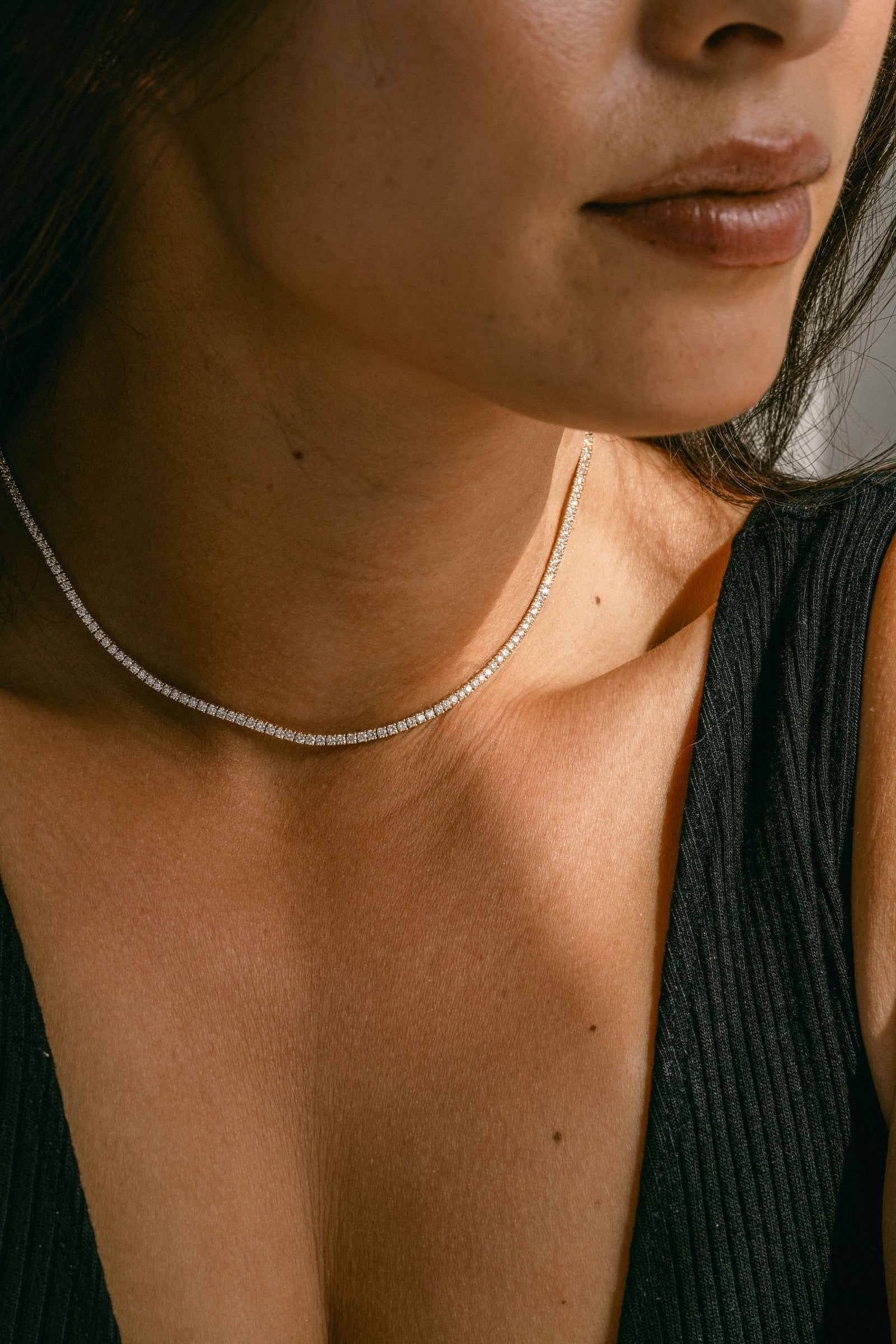 Round Diamond Tennis Necklace, 14k Yellow Gold