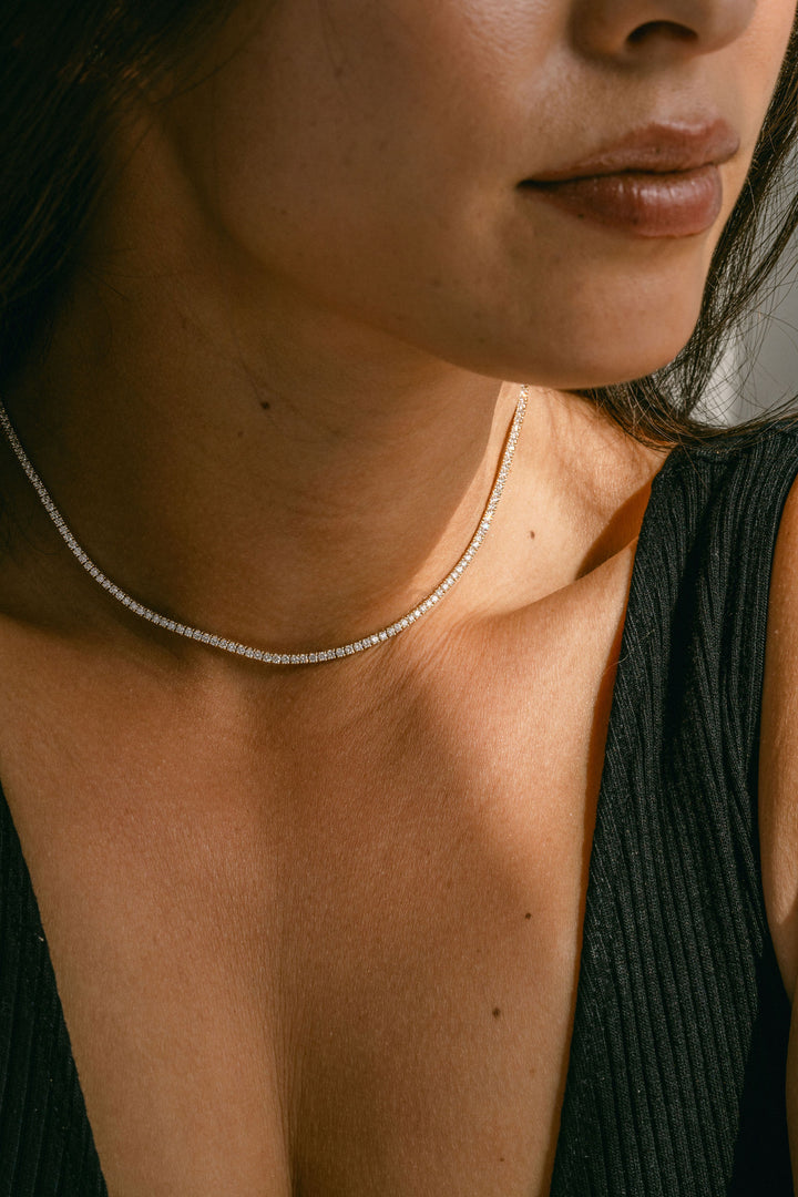 Round Diamond Tennis Necklace, 14k Yellow Gold