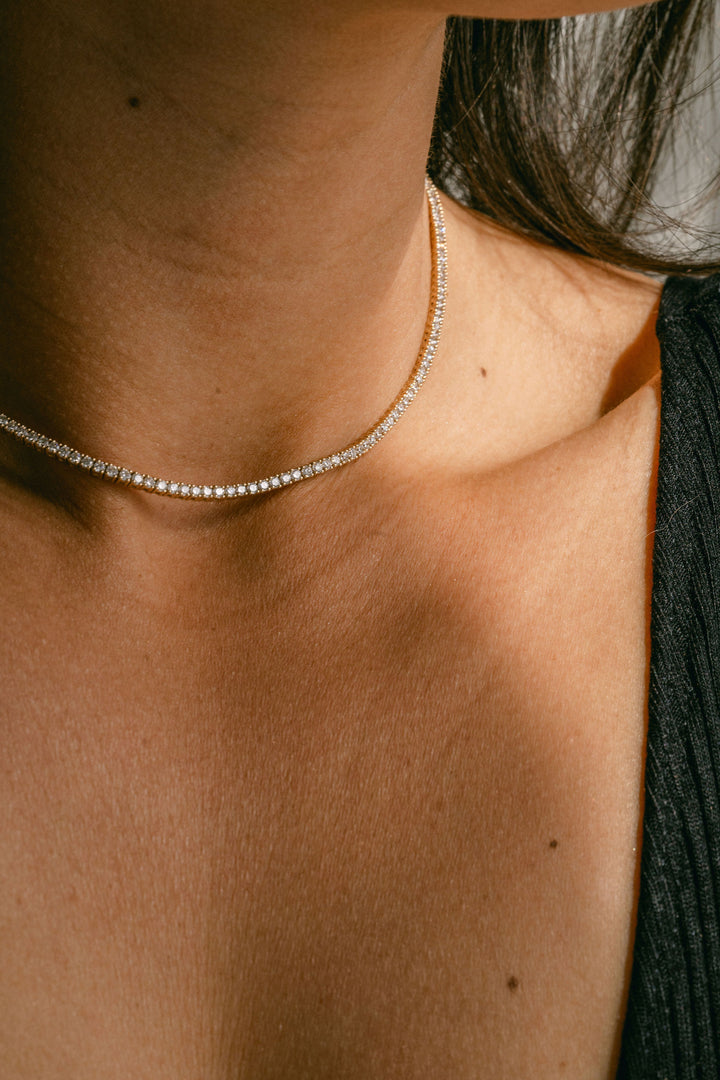 Round Diamond Tennis Necklace, 14k Yellow Gold