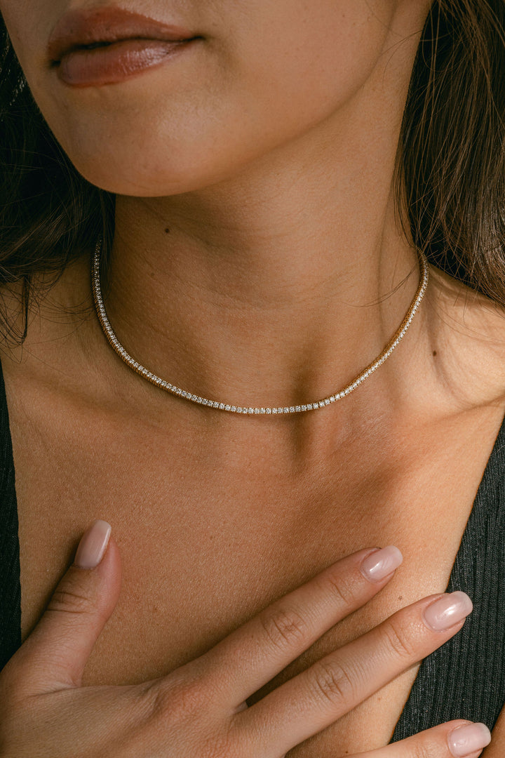 Round Diamond Tennis Necklace, 14k Yellow Gold