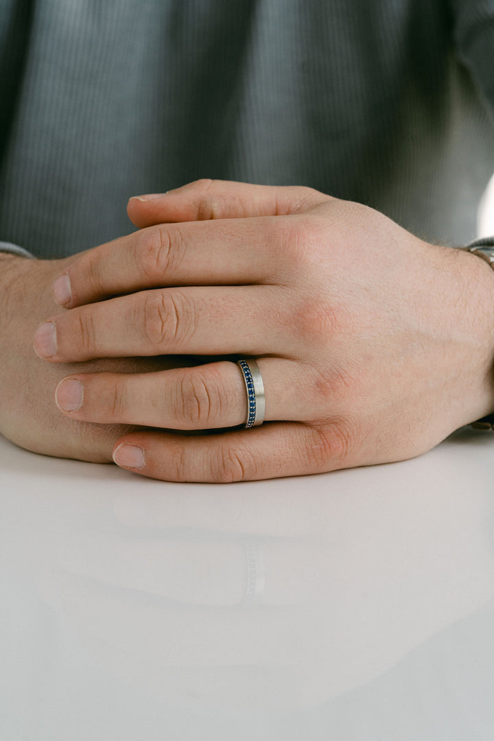 Flat Brushed Mens Band With Offset Pavé Sapphires, 14k White Gold