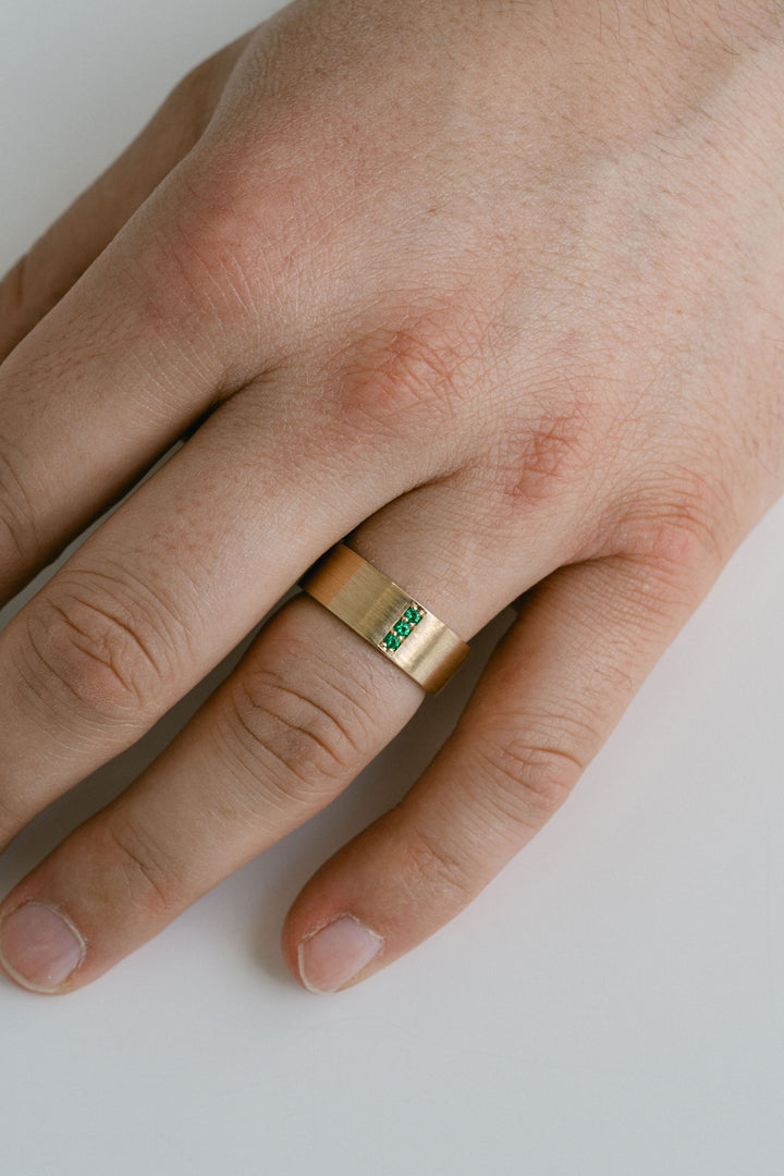 Flat Brushed Mens Band With Pavé Emeralds, 14k Yellow Gold