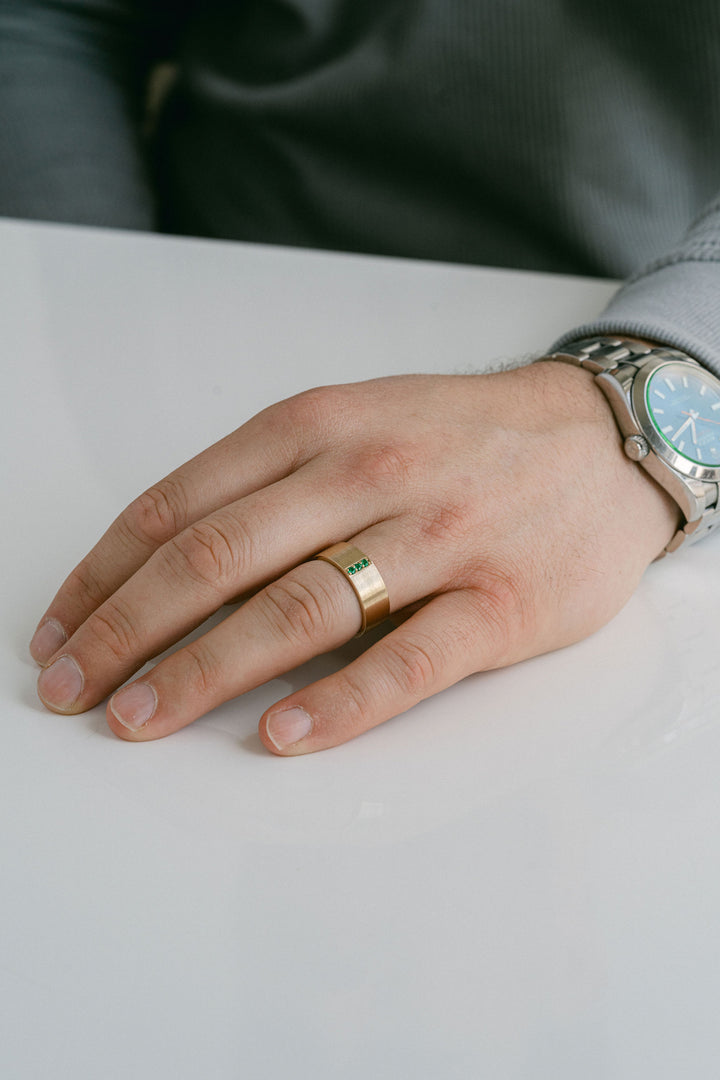 Flat Brushed Mens Band With Pavé Emeralds, 14k Yellow Gold