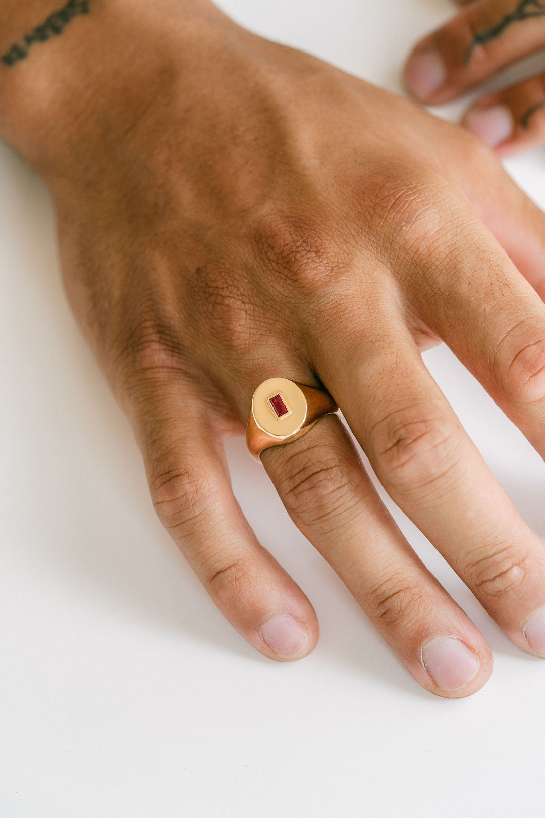 Oval Mens Signet Ring With Baguette Ruby