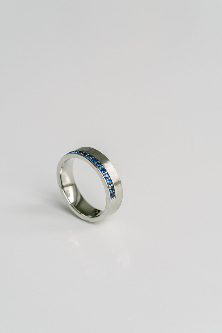 Flat Brushed Mens Band With Offset Pavé Sapphires, 14k White Gold