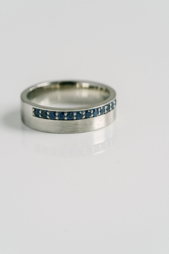 Flat Brushed Mens Band With Offset Pavé Sapphires, 14k White Gold