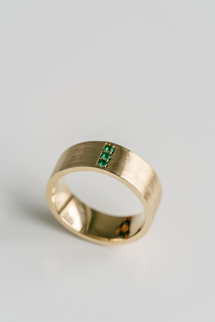 Flat Brushed Mens Band With Pavé Emeralds, 14k Yellow Gold