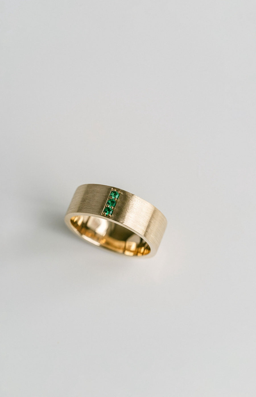 Flat Brushed Mens Band With Pavé Emeralds, 14k Yellow Gold