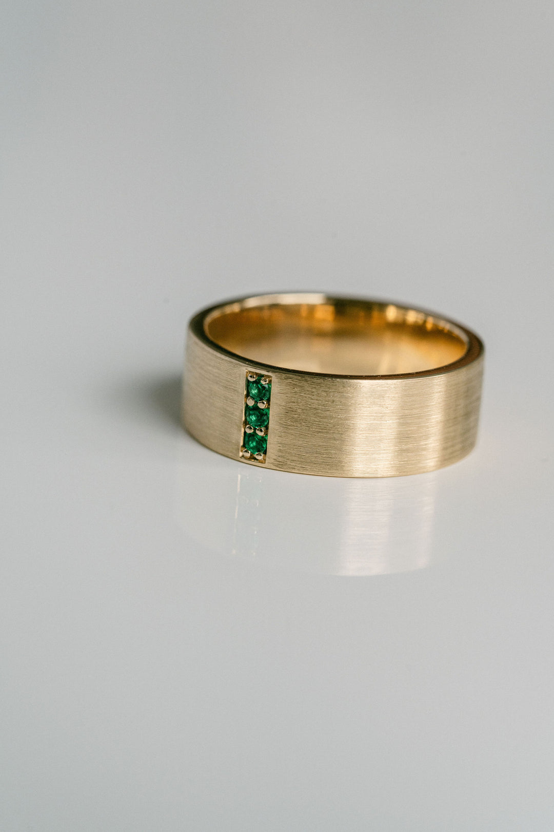 Flat Brushed Mens Band With Pavé Emeralds, 14k Yellow Gold