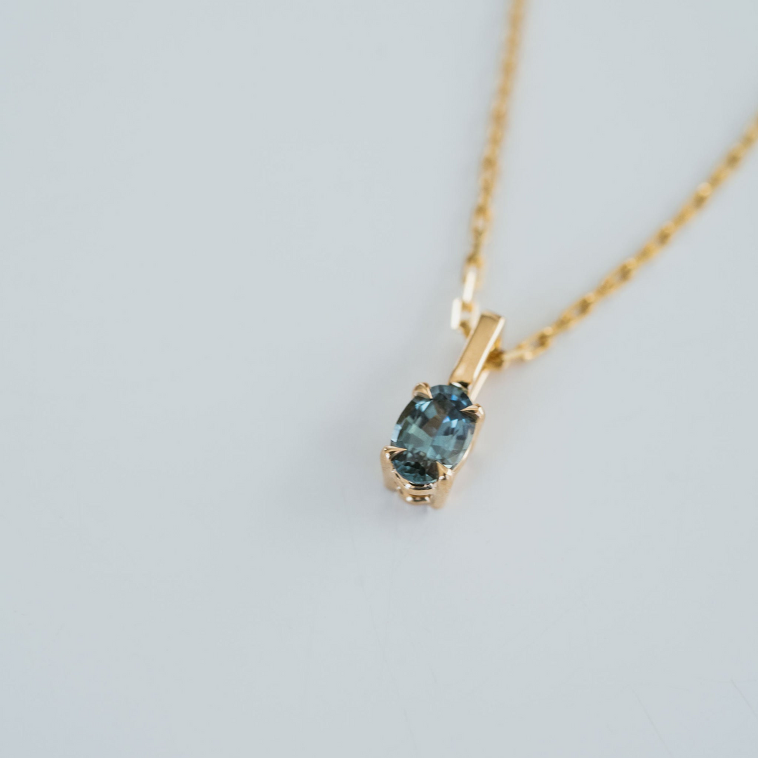 Oval Blue-Green Sapphire Solitaire Box Pendant