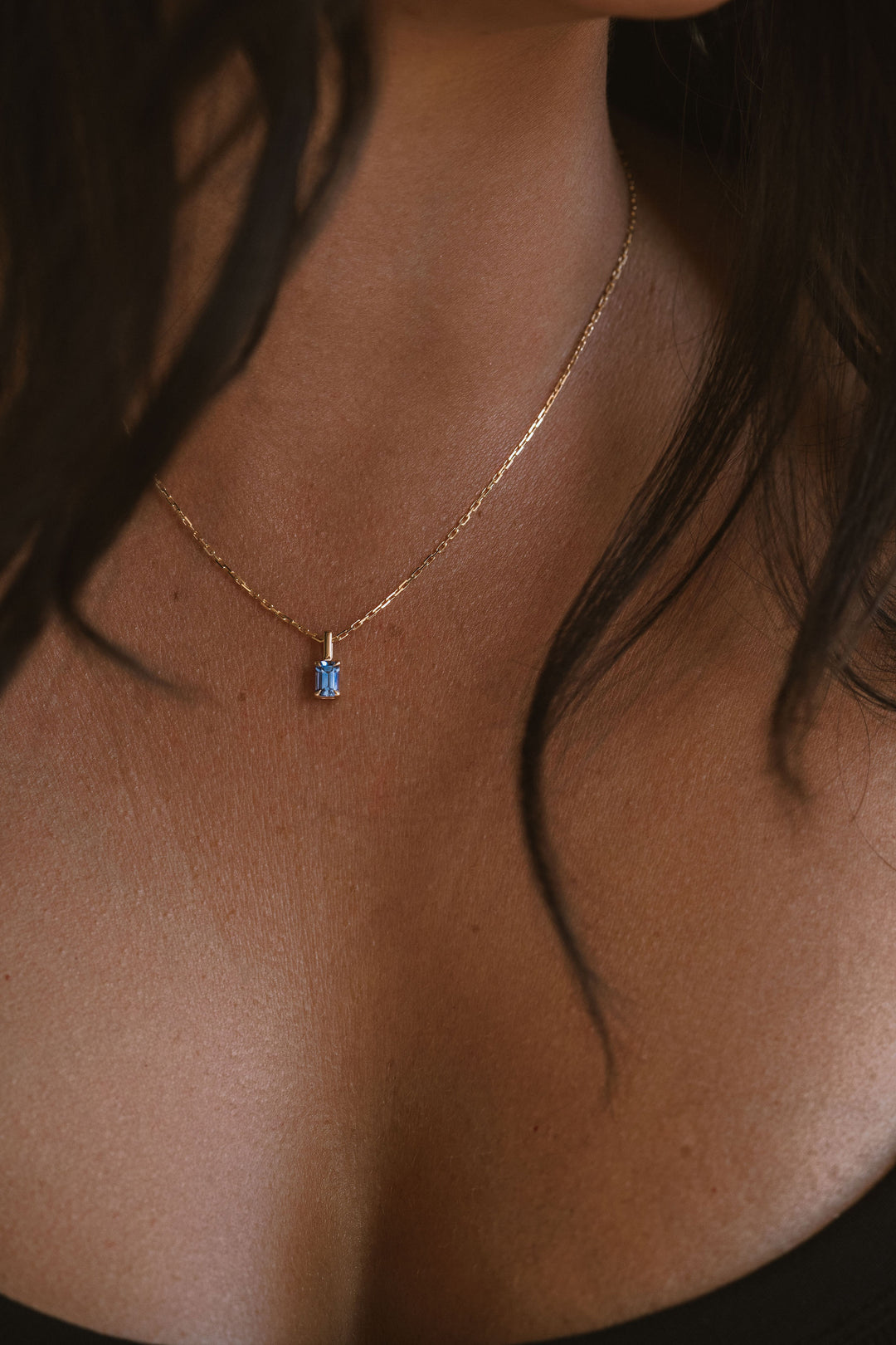Emerald Cut Blue Sapphire Solitaire Box Pendant