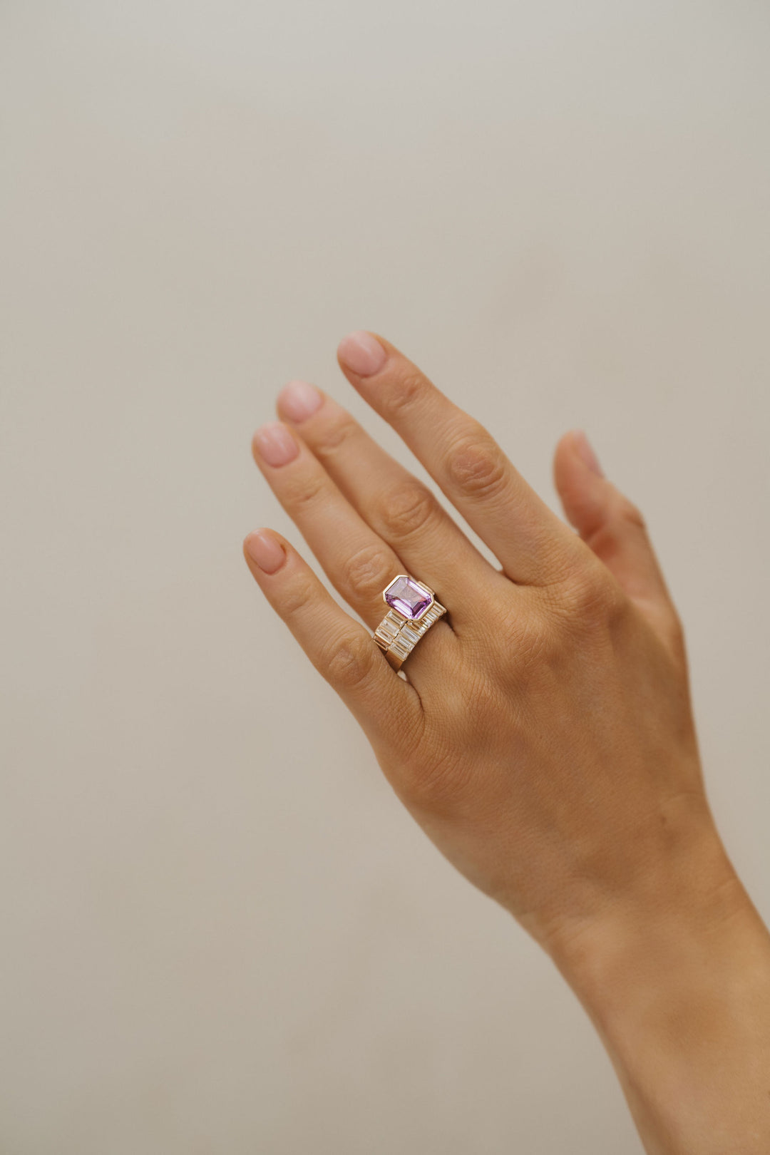 Emerald Cut Pink Sapphire Half Bezel With Bar Set Baguette Diamond Band - Cavalier Spring Bridal 2024