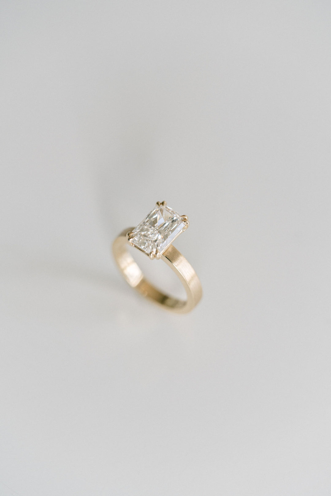 Cavalier Fine Jewelry - Radiant Cut Double Prong Diamond Ring With Brushed Band, 14k Yellow Gold