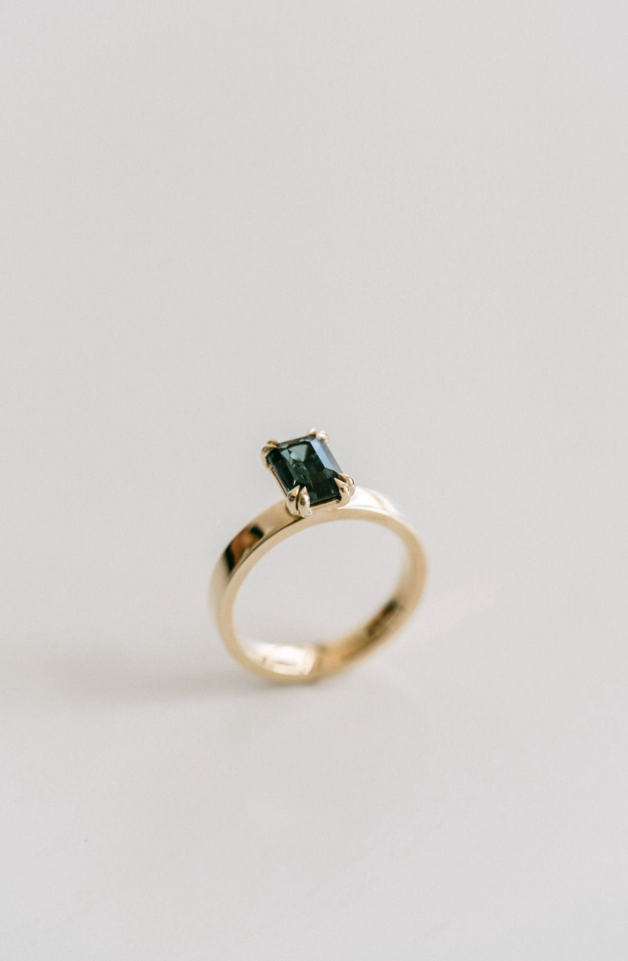 Cavalier Fine Jewelry - Emerald Cut Double Prong Blue-Green Sapphire Ring, 14k Yellow Gold