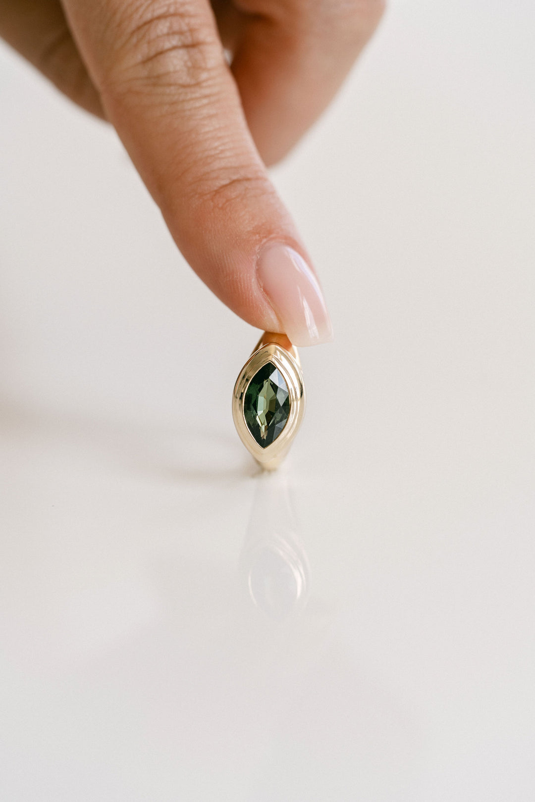 Cavalier Fine Jewelry - Marquise East-West Green Sri Lankan Sapphire Retro Signet Ring, 14k Yellow Gold