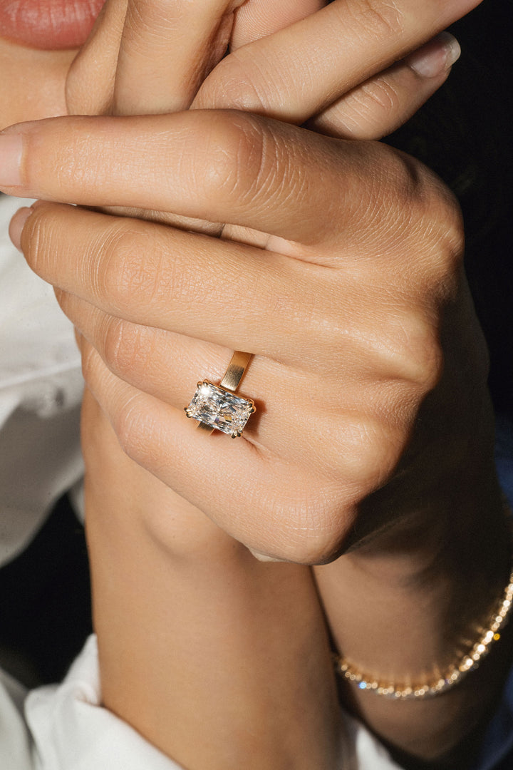 Cavalier Fine Jewelry - Radiant Cut Double Prong Diamond Ring With Brushed Band, 14k Yellow Gold