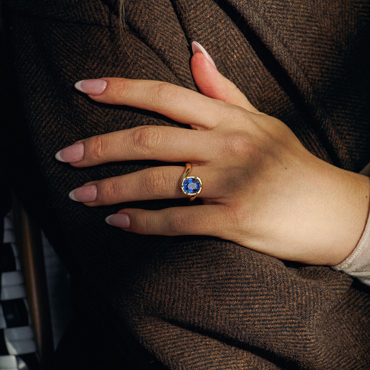 Cushion Cut Blue Sapphire Bypass Canopy Ring